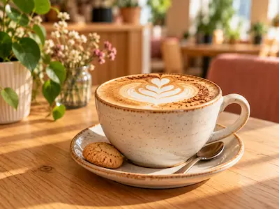 Cappuccino met latte art en een koekje